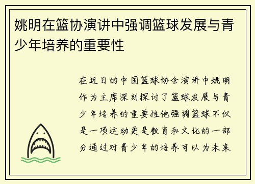 姚明在篮协演讲中强调篮球发展与青少年培养的重要性